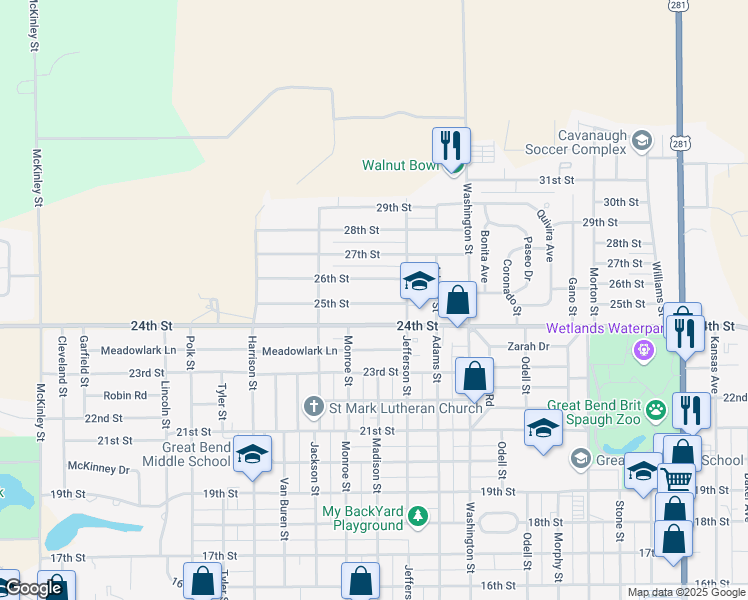 map of restaurants, bars, coffee shops, grocery stores, and more near 2818 25th Street in Great Bend