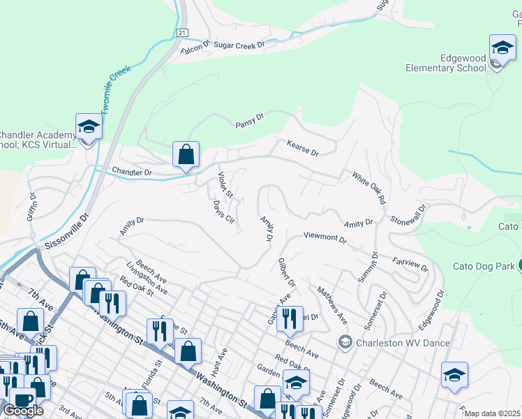 map of restaurants, bars, coffee shops, grocery stores, and more near 813 Amity Drive in Charleston