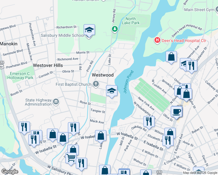 map of restaurants, bars, coffee shops, grocery stores, and more near 811 Lake Street in Salisbury