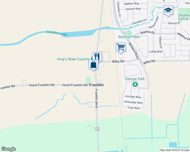 map of restaurants, bars, coffee shops, grocery stores, and more near 10468 Franklin Boulevard in Elk Grove