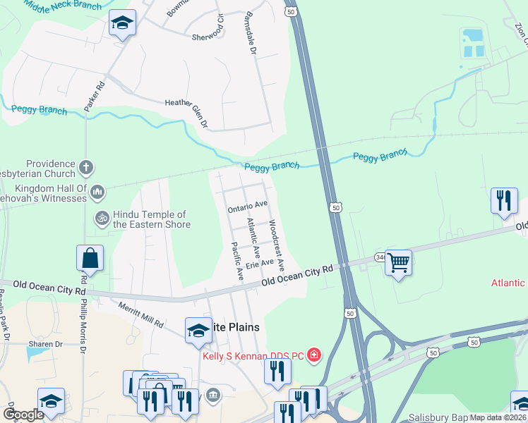 map of restaurants, bars, coffee shops, grocery stores, and more near 407 Woodcrest Avenue in Salisbury