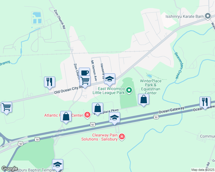 map of restaurants, bars, coffee shops, grocery stores, and more near 31481 Ocean City Road in Salisbury