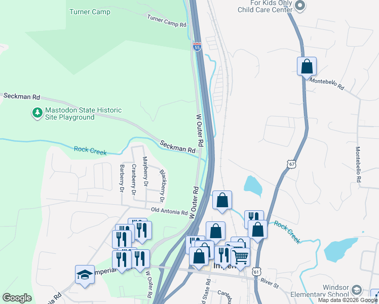 map of restaurants, bars, coffee shops, grocery stores, and more near Seckman Road in Imperial