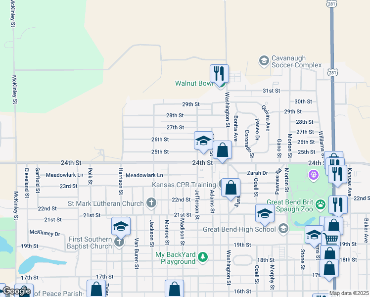 map of restaurants, bars, coffee shops, grocery stores, and more near 2818 25th Street in Great Bend