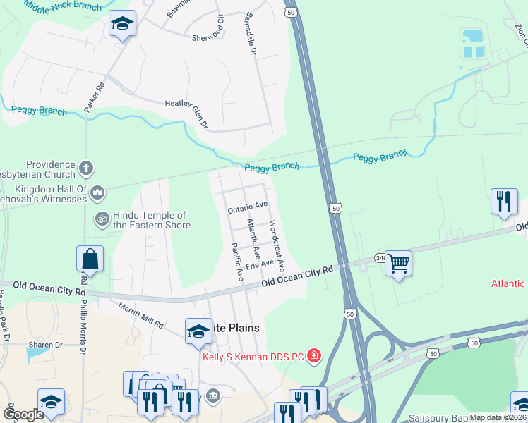 map of restaurants, bars, coffee shops, grocery stores, and more near 407 Woodcrest Avenue in Salisbury