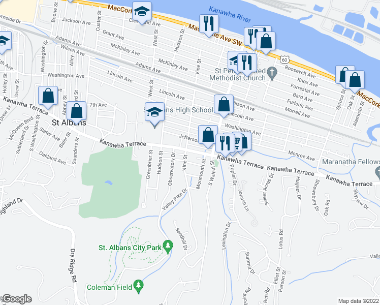 map of restaurants, bars, coffee shops, grocery stores, and more near 2305 Kanawha Terrace in Saint Albans