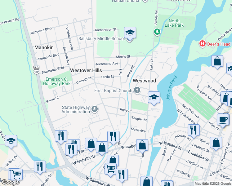 map of restaurants, bars, coffee shops, grocery stores, and more near 704 Ebenezer Drive in Salisbury