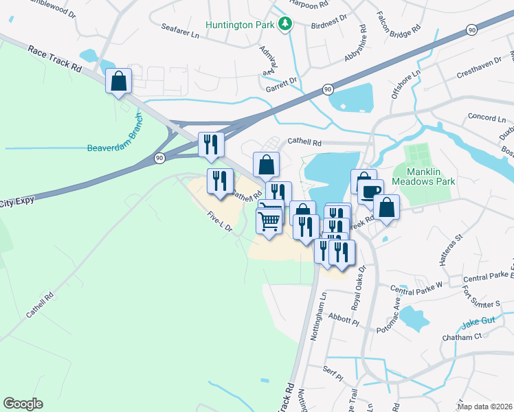 map of restaurants, bars, coffee shops, grocery stores, and more near 11092 Cathell Road in Berlin