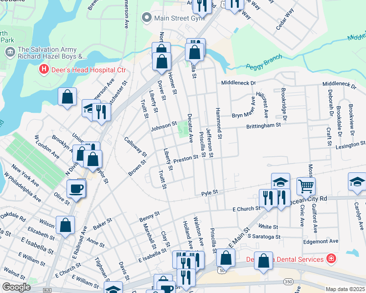 map of restaurants, bars, coffee shops, grocery stores, and more near 920 Brown Street in Salisbury