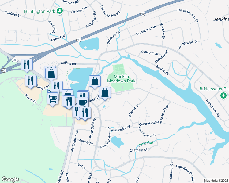 map of restaurants, bars, coffee shops, grocery stores, and more near 11431 Manklin Creek Road in Berlin