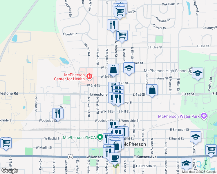 map of restaurants, bars, coffee shops, grocery stores, and more near 822 North Maple Street in McPherson