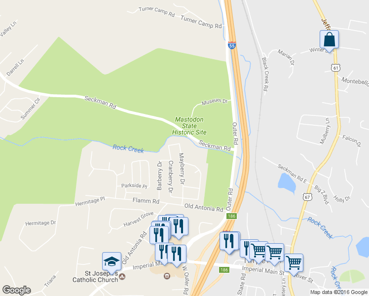 map of restaurants, bars, coffee shops, grocery stores, and more near 5806 Mayberry Drive in Imperial