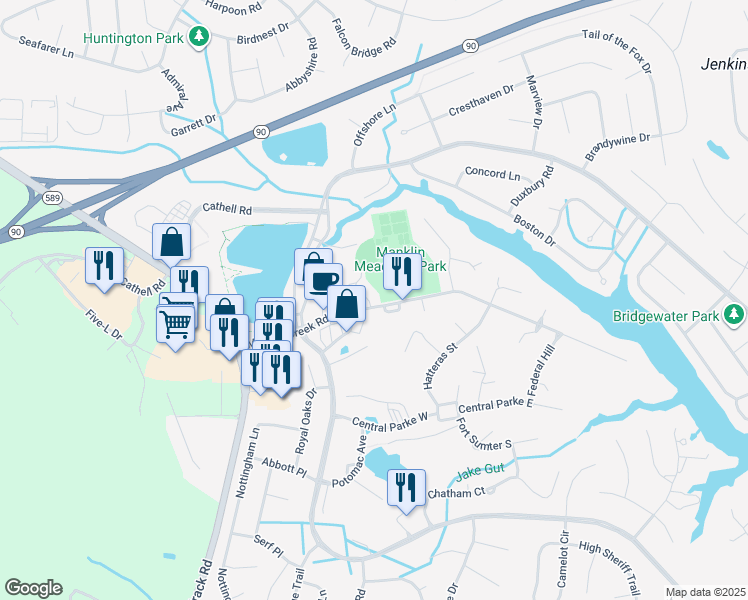 map of restaurants, bars, coffee shops, grocery stores, and more near 11431 Manklin Creek Road in Ocean Pines