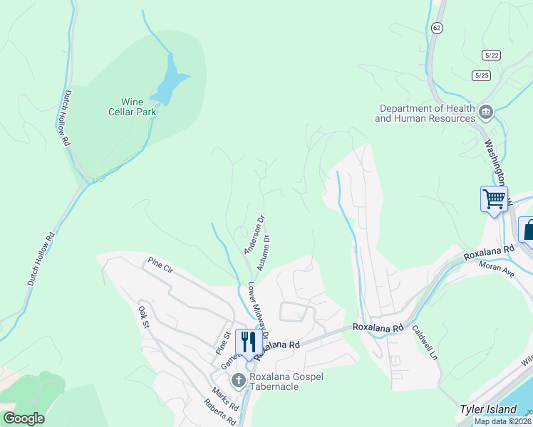 map of restaurants, bars, coffee shops, grocery stores, and more near 201 Autumn Dr in Dunbar