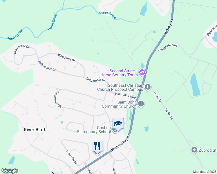 map of restaurants, bars, coffee shops, grocery stores, and more near 12619 Ridgemoor Drive in Prospect