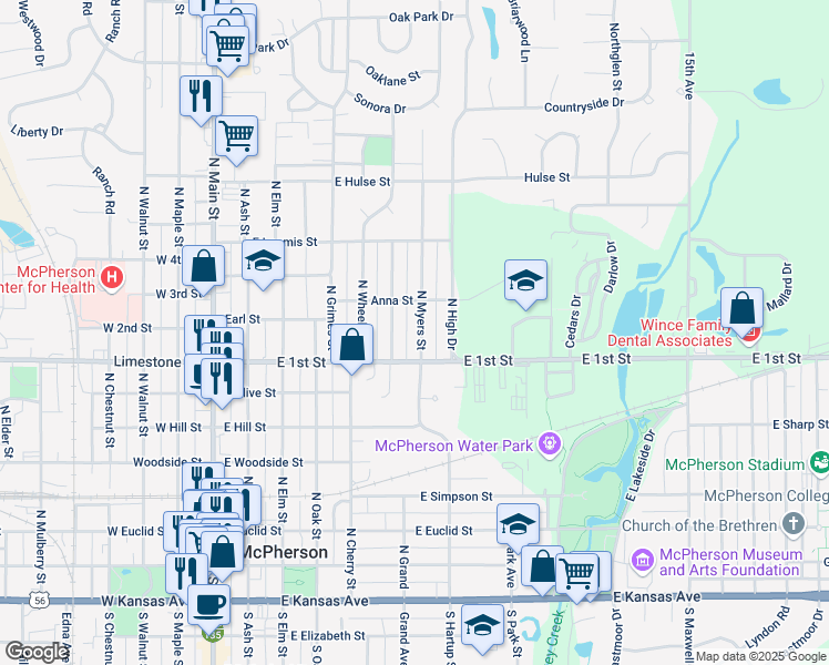 map of restaurants, bars, coffee shops, grocery stores, and more near 821 North Myers Street in McPherson