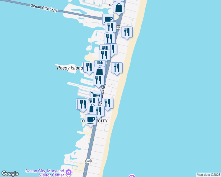 map of restaurants, bars, coffee shops, grocery stores, and more near 301 53rd Street in Ocean City