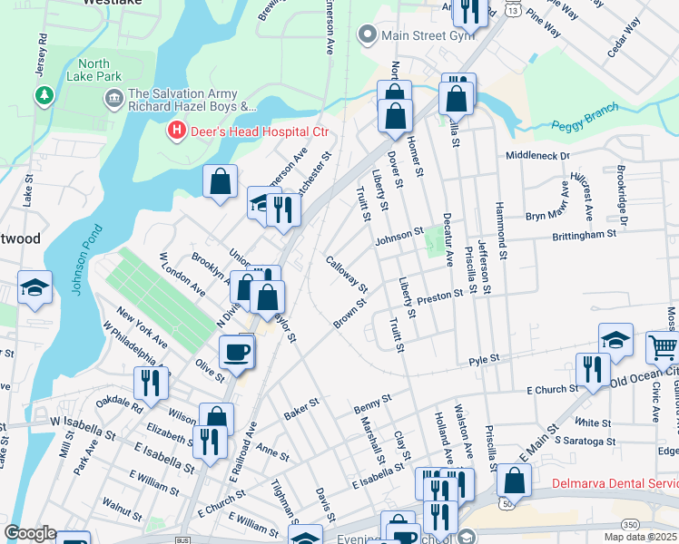 map of restaurants, bars, coffee shops, grocery stores, and more near 602 Calloway Street in Salisbury