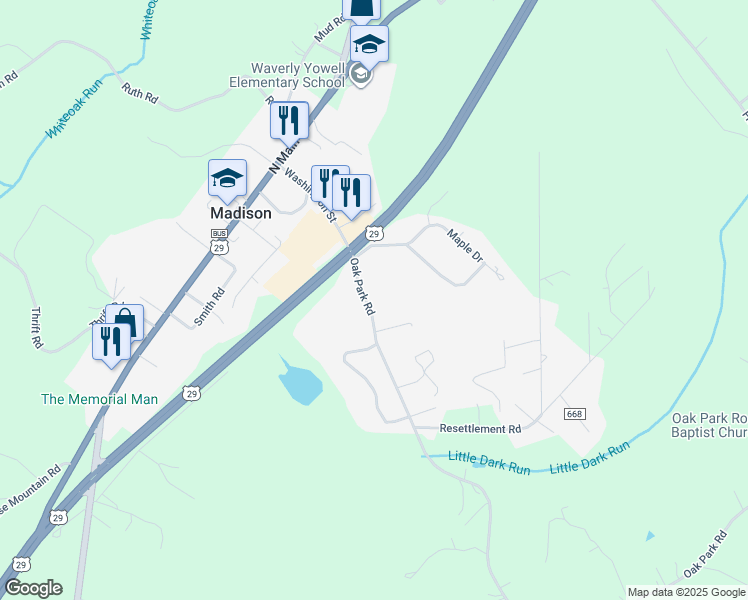 map of restaurants, bars, coffee shops, grocery stores, and more near 121 Oak Park Road in Madison