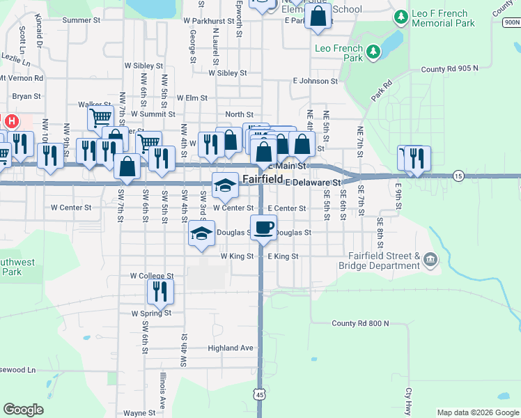 map of restaurants, bars, coffee shops, grocery stores, and more near 100-134 West Center Street in Fairfield