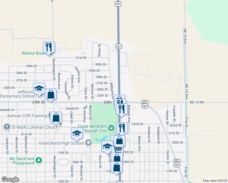 map of restaurants, bars, coffee shops, grocery stores, and more near 2504 Williams Street in Great Bend