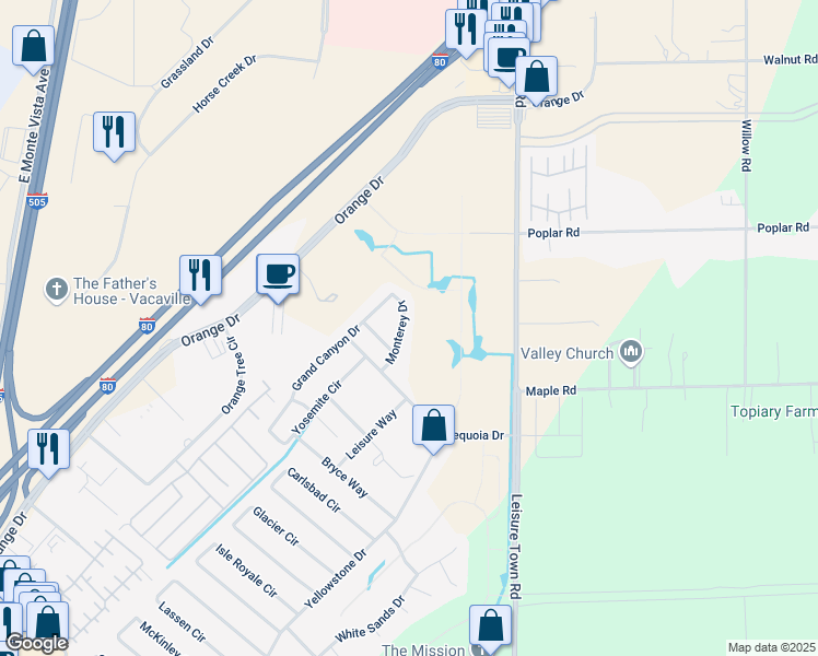 map of restaurants, bars, coffee shops, grocery stores, and more near 123 Monterey Drive in Vacaville