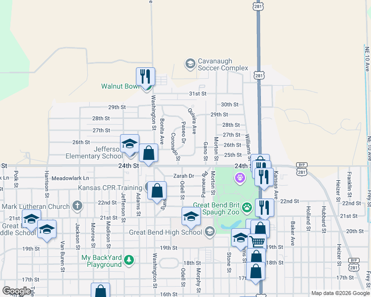 map of restaurants, bars, coffee shops, grocery stores, and more near 2614 Paseo Drive in Great Bend