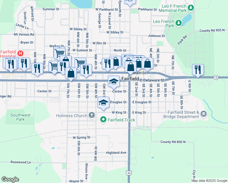 map of restaurants, bars, coffee shops, grocery stores, and more near 205 West Center Street in Fairfield