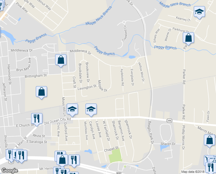 map of restaurants, bars, coffee shops, grocery stores, and more near 221 Mildale Drive in Salisbury