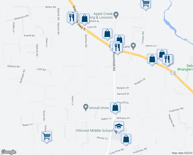 map of restaurants, bars, coffee shops, grocery stores, and more near 350 Firefly Lane in Sebastopol