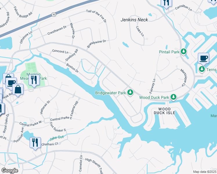 map of restaurants, bars, coffee shops, grocery stores, and more near 39 Watertown Road in Ocean Pines