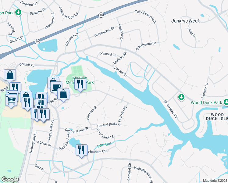 map of restaurants, bars, coffee shops, grocery stores, and more near 21 Cape May Place in Ocean Pines