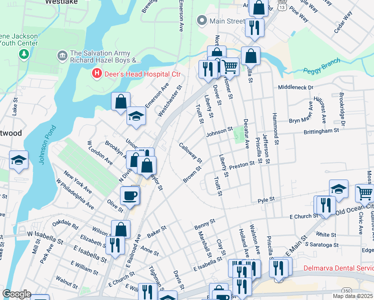map of restaurants, bars, coffee shops, grocery stores, and more near 602 Calloway Street in Salisbury