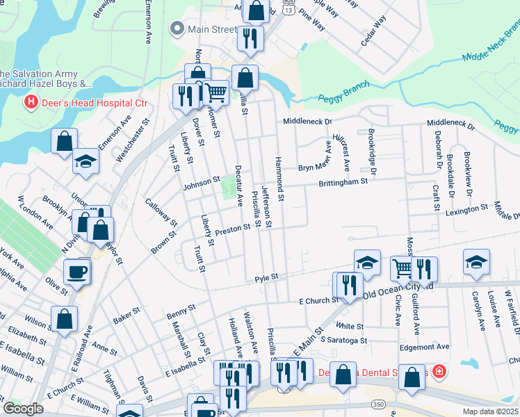 map of restaurants, bars, coffee shops, grocery stores, and more near 515 Priscilla Street in Salisbury