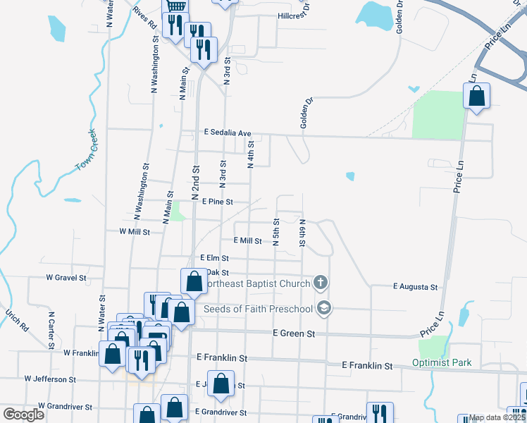 map of restaurants, bars, coffee shops, grocery stores, and more near 401-499 East Walnut Street in Clinton