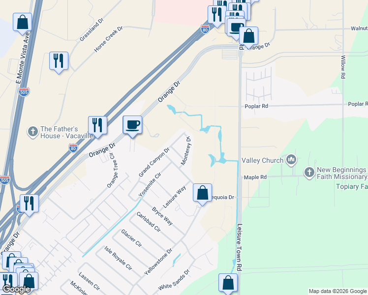 map of restaurants, bars, coffee shops, grocery stores, and more near 122 Monterey Drive in Vacaville