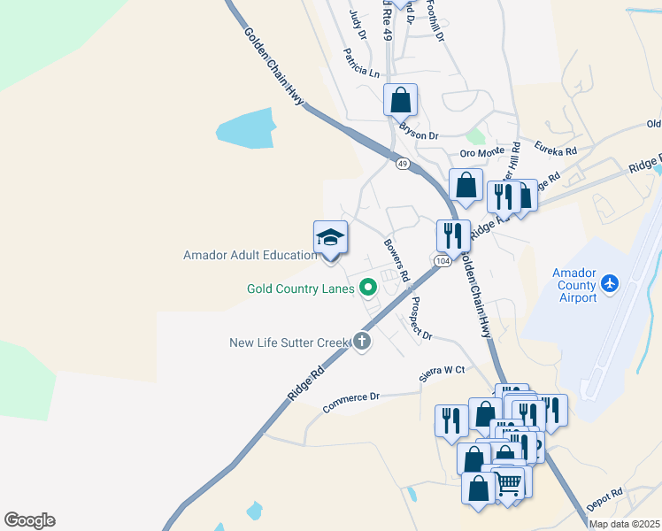 map of restaurants, bars, coffee shops, grocery stores, and more near 525 Independence Drive in Sutter Creek