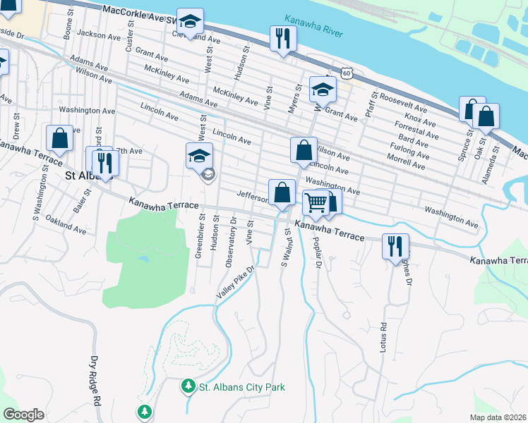 map of restaurants, bars, coffee shops, grocery stores, and more near 2308 Kanawha Terrace in Saint Albans