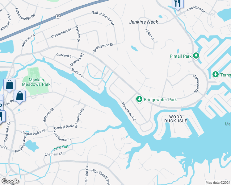 map of restaurants, bars, coffee shops, grocery stores, and more near 39 Watertown Road in Ocean Pines