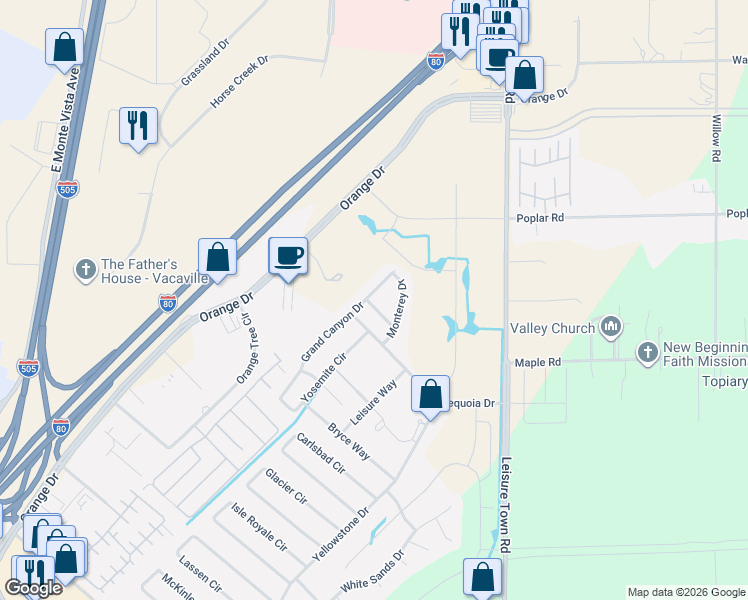 map of restaurants, bars, coffee shops, grocery stores, and more near 124 El Dorado Way in Vacaville