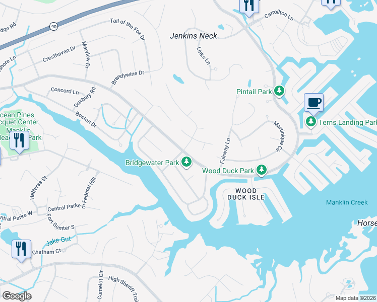 map of restaurants, bars, coffee shops, grocery stores, and more near 2 Cannon Drive in Ocean Pines