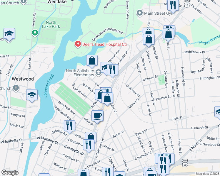 map of restaurants, bars, coffee shops, grocery stores, and more near 1217 U.S. 13 Business in Salisbury