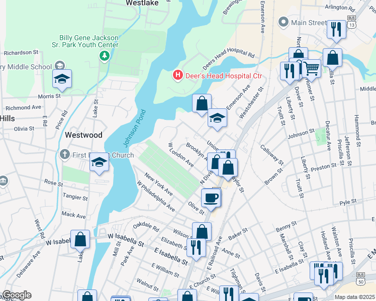 map of restaurants, bars, coffee shops, grocery stores, and more near 300 Brooklyn Avenue in Salisbury