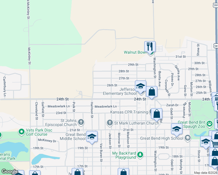 map of restaurants, bars, coffee shops, grocery stores, and more near 2511 Jackson Street in Great Bend