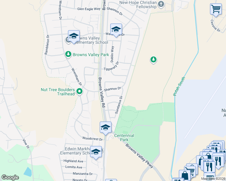 map of restaurants, bars, coffee shops, grocery stores, and more near 333 Shannon Drive in Vacaville