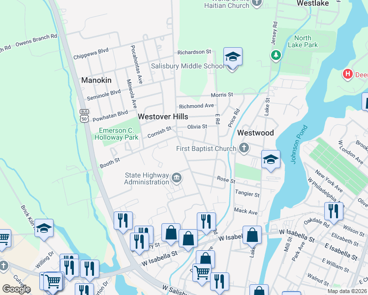 map of restaurants, bars, coffee shops, grocery stores, and more near 751 West Road in Salisbury