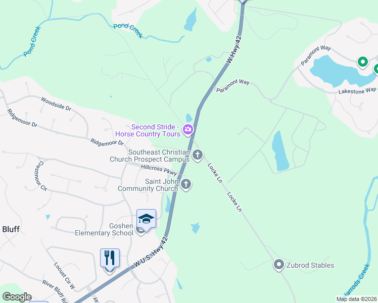 map of restaurants, bars, coffee shops, grocery stores, and more near 12611 West U.S. Highway 42 in Prospect