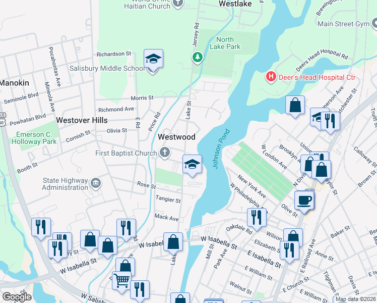 map of restaurants, bars, coffee shops, grocery stores, and more near 811 Lake Street in Salisbury
