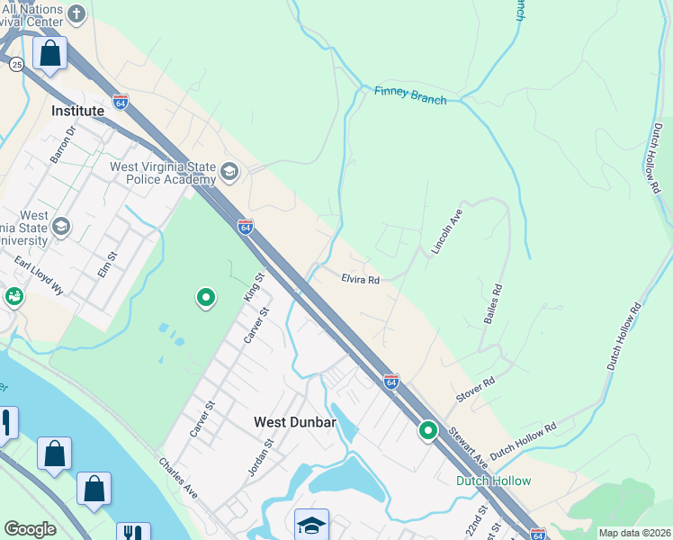map of restaurants, bars, coffee shops, grocery stores, and more near 807 Elvira Road in Dunbar