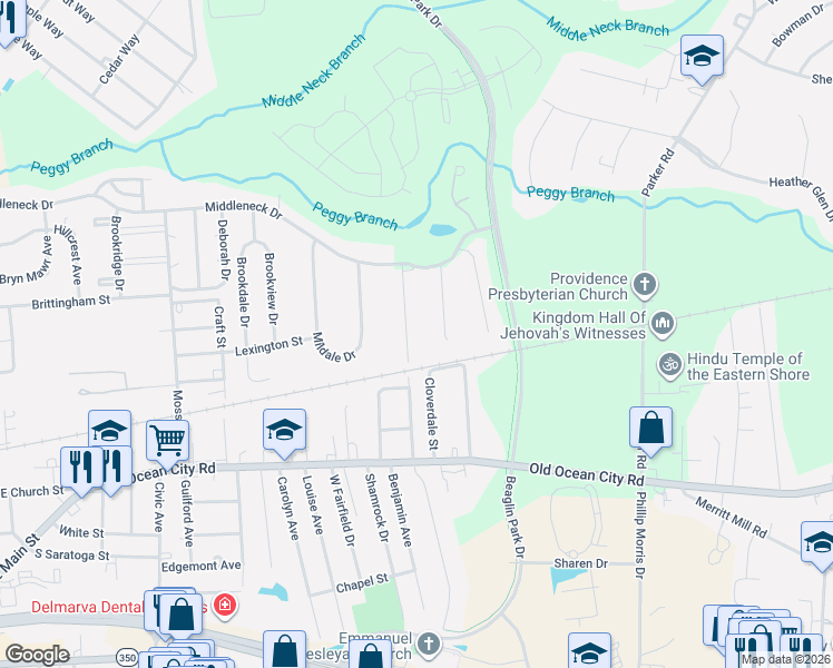 map of restaurants, bars, coffee shops, grocery stores, and more near 202 Everglade Drive in Salisbury